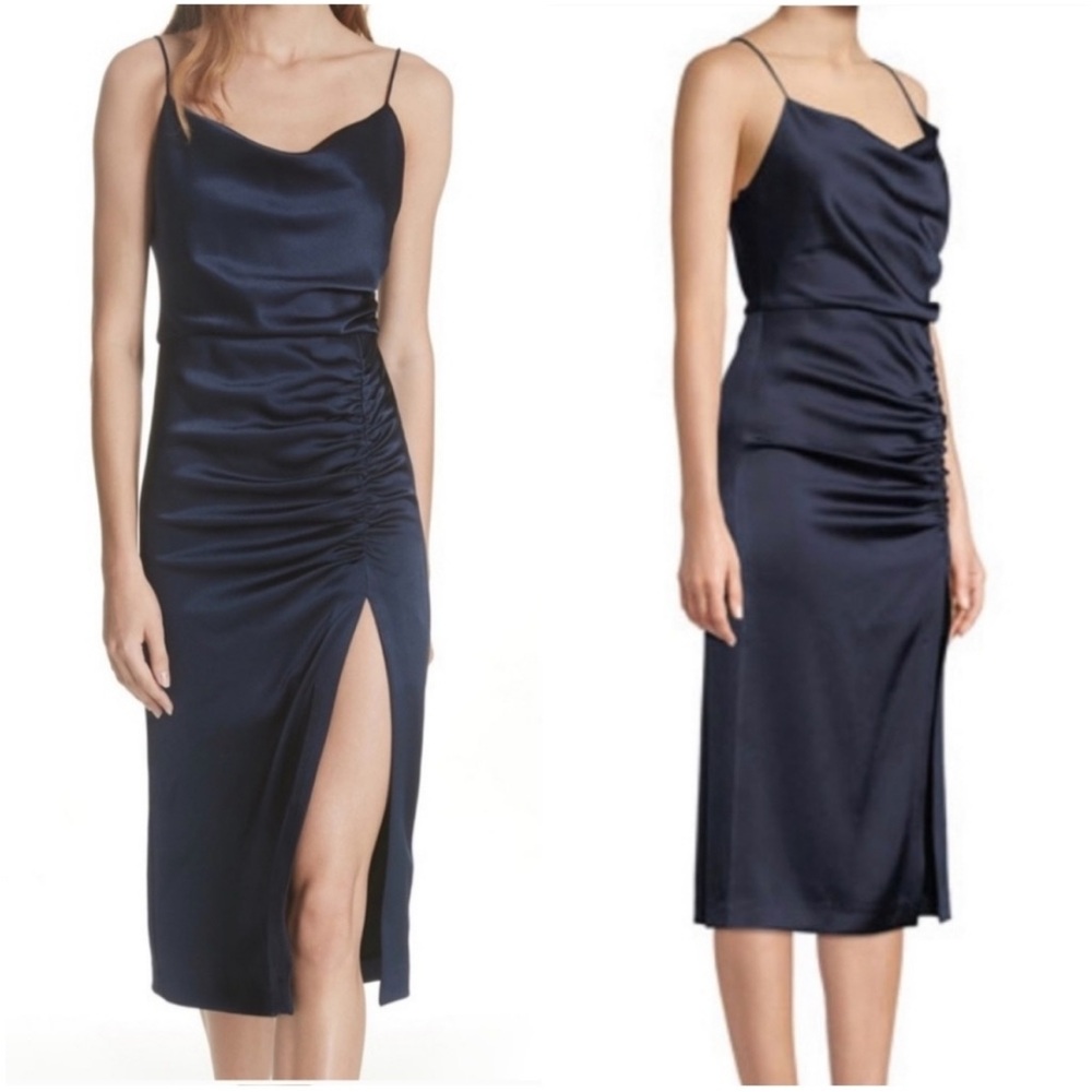 Alice + Olivia Asymmetrical Ruched Navy Midi Dress